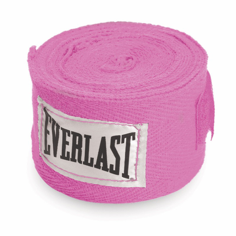 Detta är en hoprullad handwrap från Everlast. Handwrap är rosa med Ever logga på sidan.